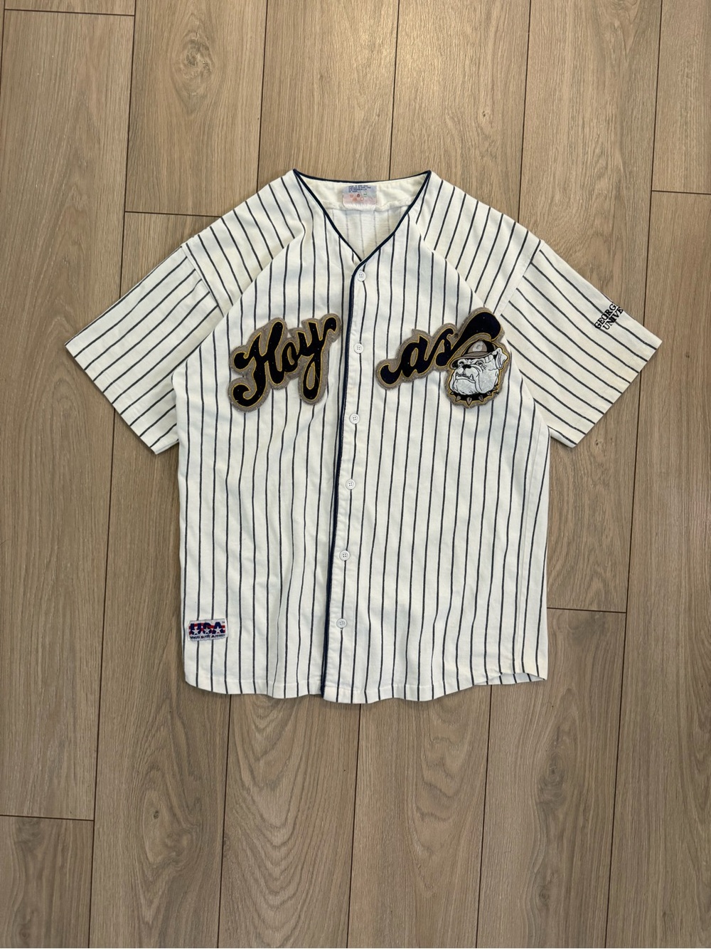 Vintage White Navy Pinstripe Baseball Jersey with Gold Script